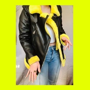 NEON YELLOW FAUX FUR LINED BIKER JACKET 💛